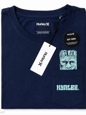 Hurley Navy Tee with Aqua Pocket Graphic Small